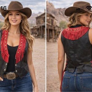 Freedom Genuine Leather Women's Black/Red Western Vest w/Fringe. Size 16